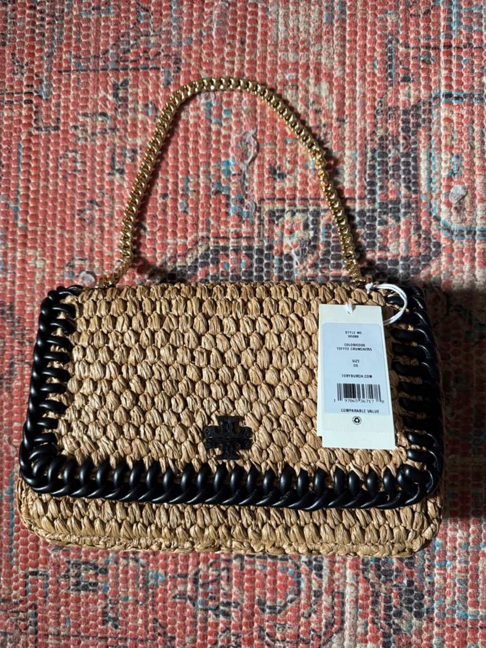 Tory Burch Woven Straw Shoulder Bag with Black Trim and Gold Chain Handle